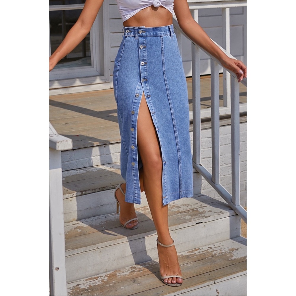 Split Buttoned Denim Skirt